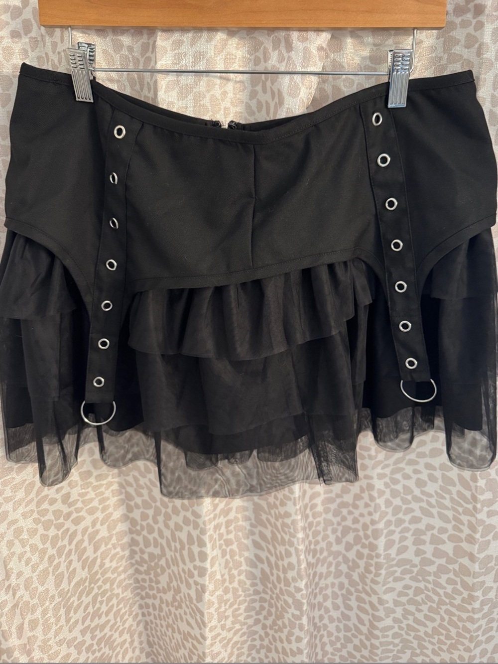 Social Collision Black Layered Ruffle Mini Skirt with Grommet Strap Accents, XL